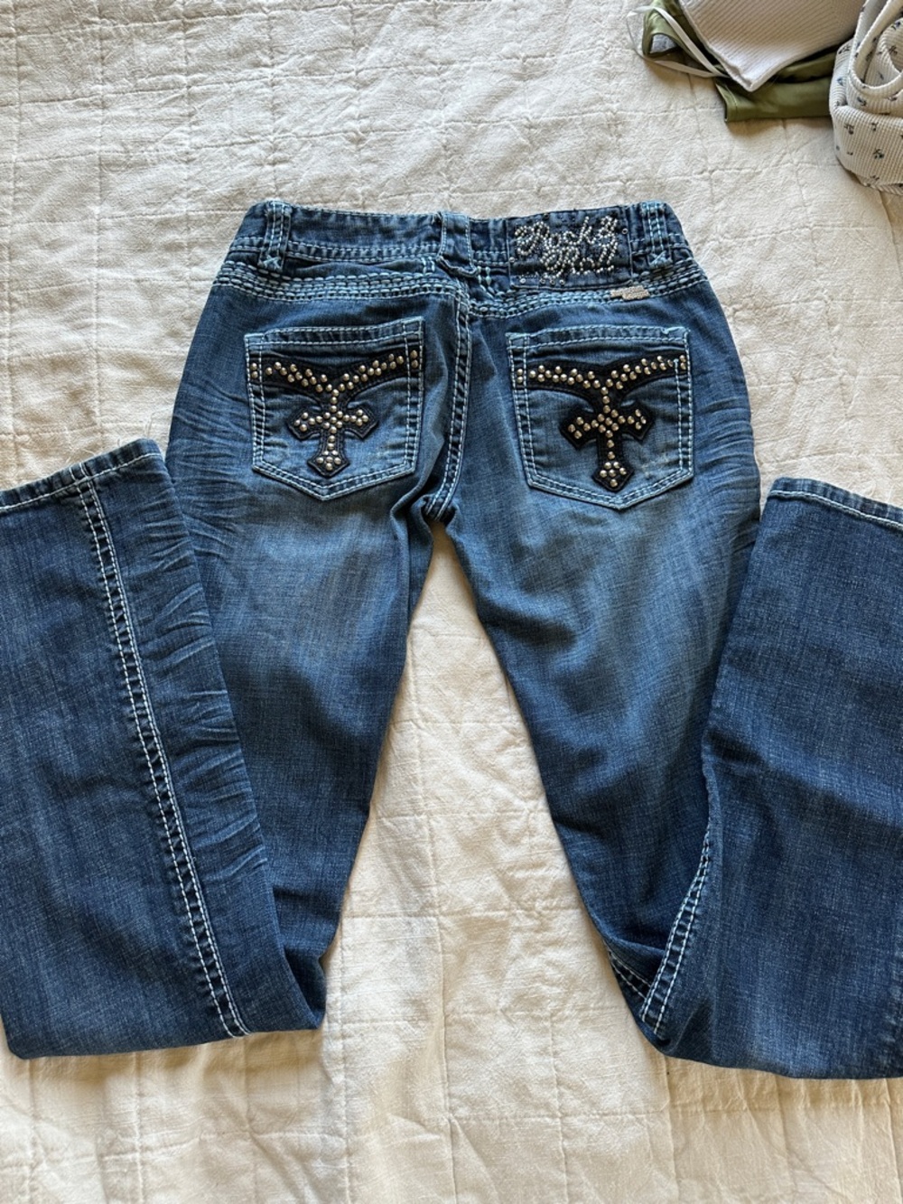 Rock Revival Women’s Dark Blue Bootcut Jeans with Embellished Pockets